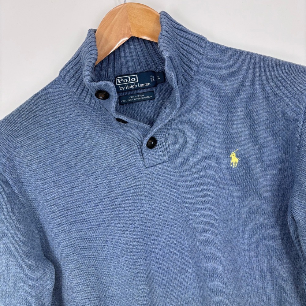 VTG Polo Ralph Lauren Button Mock Neck Cotton Knit Sweater Mens L Blue *FLAW